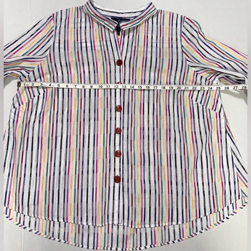 Ali Miles 1X Cotton Textured Rainbow Stripes Button Down Tunic Roll Tab Sleeve - Picture 10 of 15